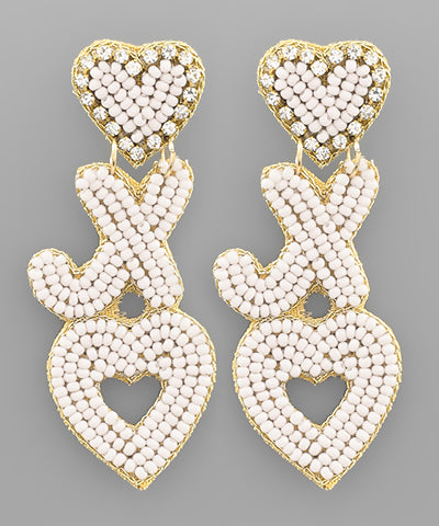 XO white heart beaded earrings