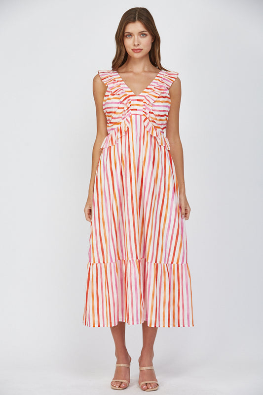 Stripe Cotton Poplin Ruffle Dress