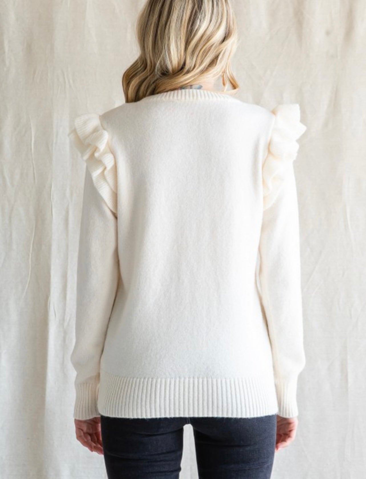 Solid Ruffle Cap Shoulder Sweater
