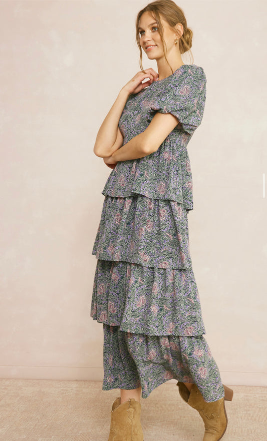 Tiered puff sleeve maxi dress with zipper