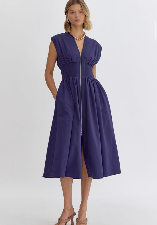 Navy Solid V-neck Midi Smock Waist