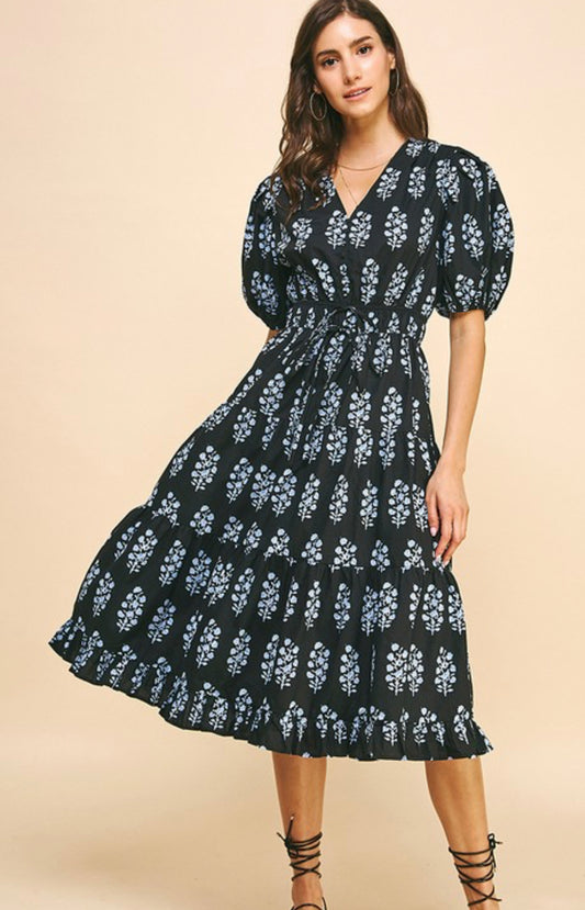 Floral Print Tiered Midi Dress - Black
