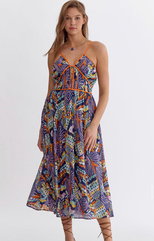 printed sleeveless maxi dress featuring trim detail