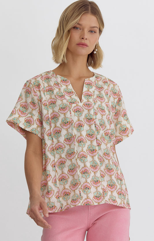printed v neck woven top