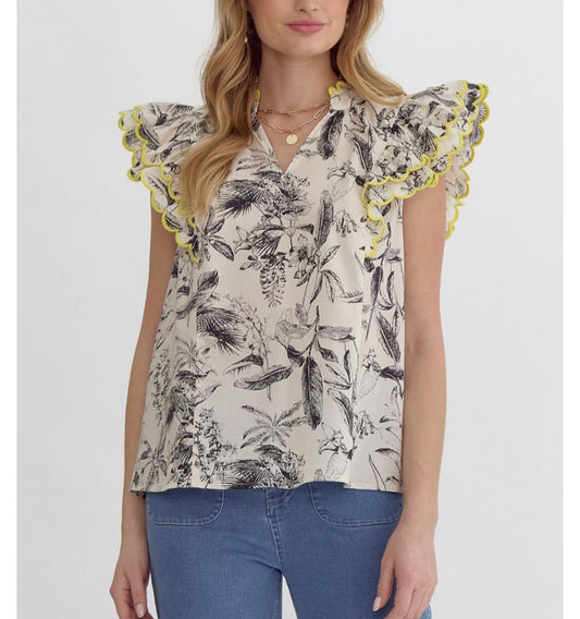 leaf print v neck ruffle top
