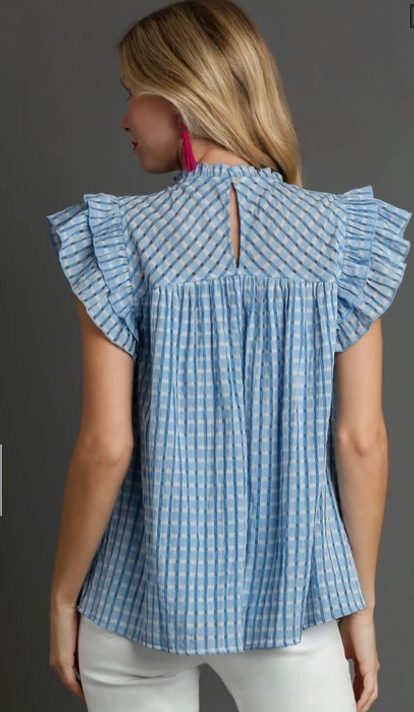 Checkered Seersucker Ruffle Top
