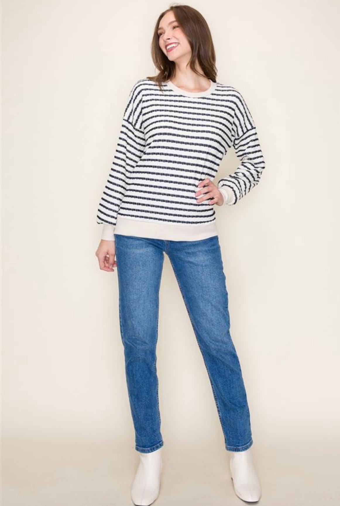 Cream/Navy Round Neck Balloon Long Sleeve