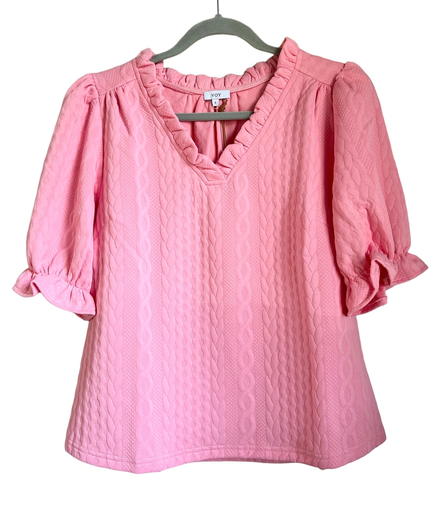 Deep V Ruffle Neck Textured Top