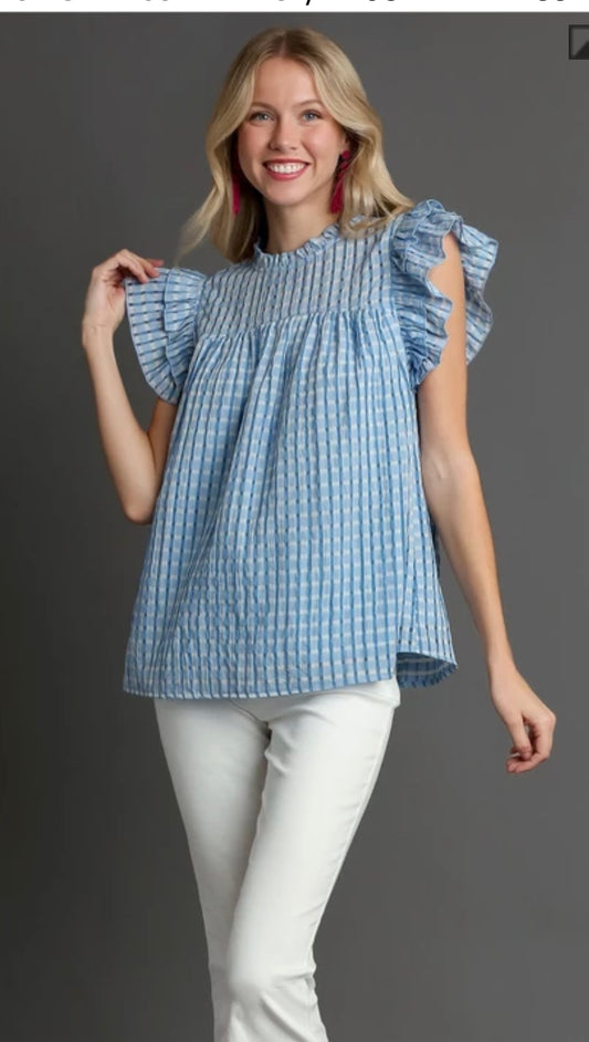 Checkered Seersucker Ruffle Top
