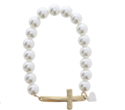 Pearl Beaded with Skinny Sideways Cross bracelet