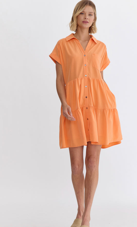 Solid collared button up mini dress featuring single pocket
