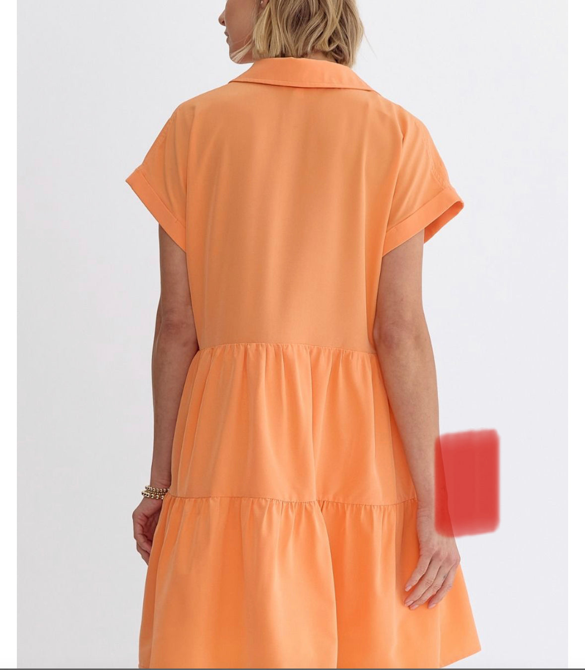 Solid collared button up mini dress featuring single pocket