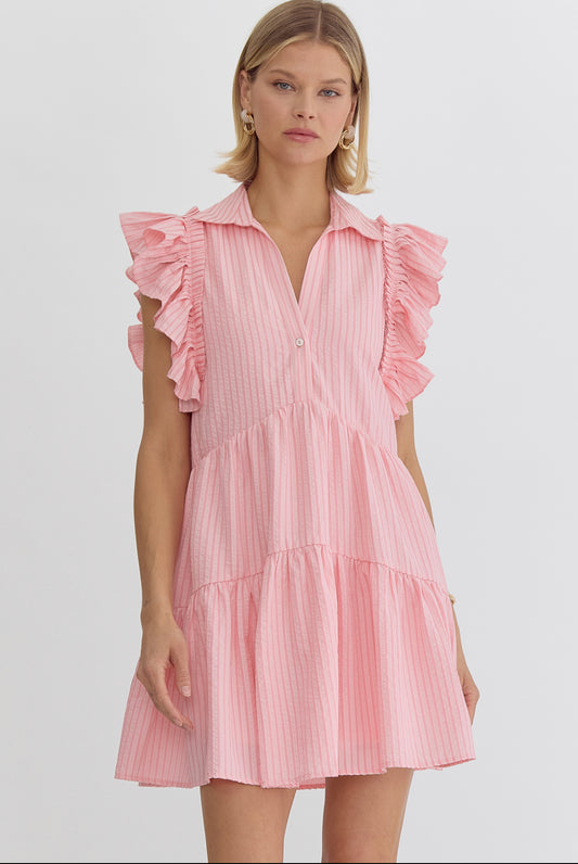 Pink Striped Ruffle Sleeve Dress