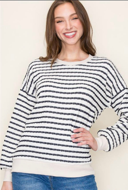 Cream/Navy Round Neck Balloon Long Sleeve