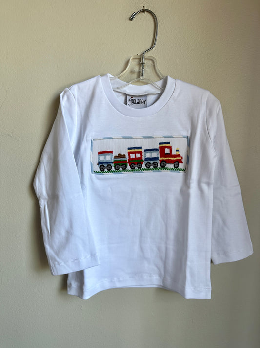 White LS smocked train shirt