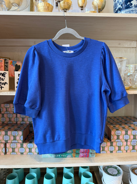 Blue Knit Puff Sleeve Top