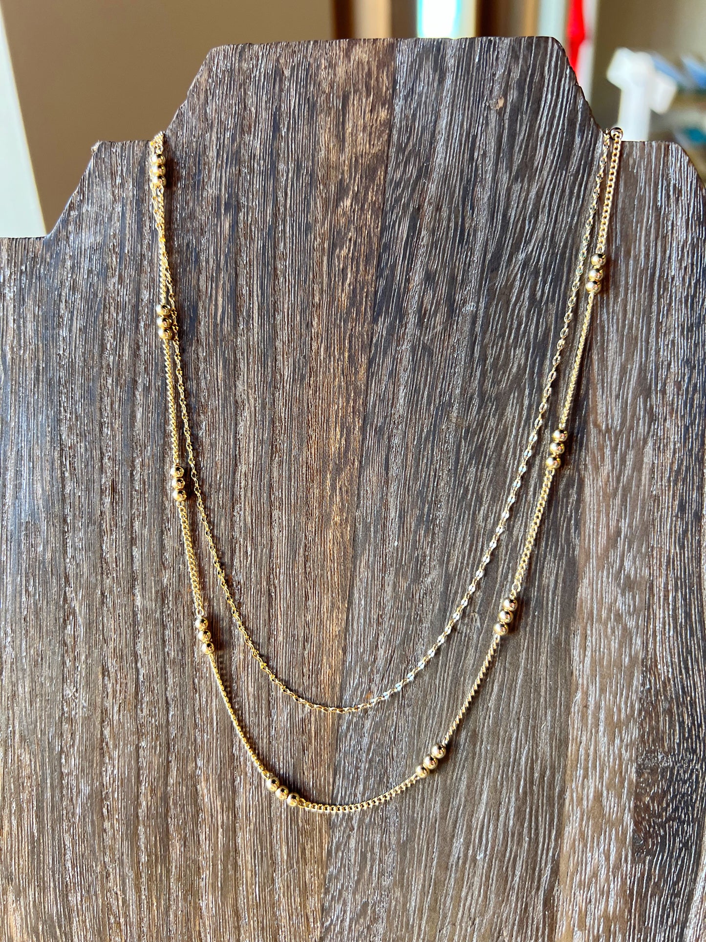 Gold Thin 2 Layered Triple Bead Necklace