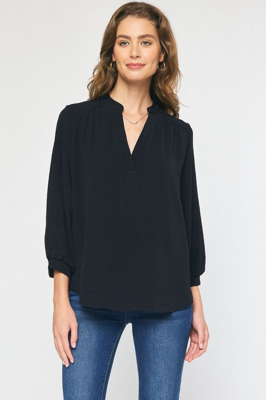 Solid 3/4 Slv V-neck Top