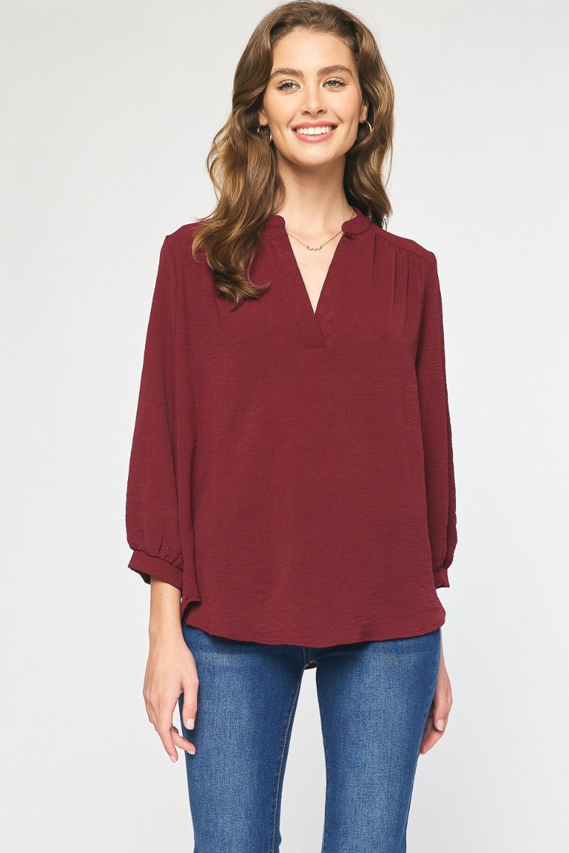 Solid 3/4 Slv V-neck Top