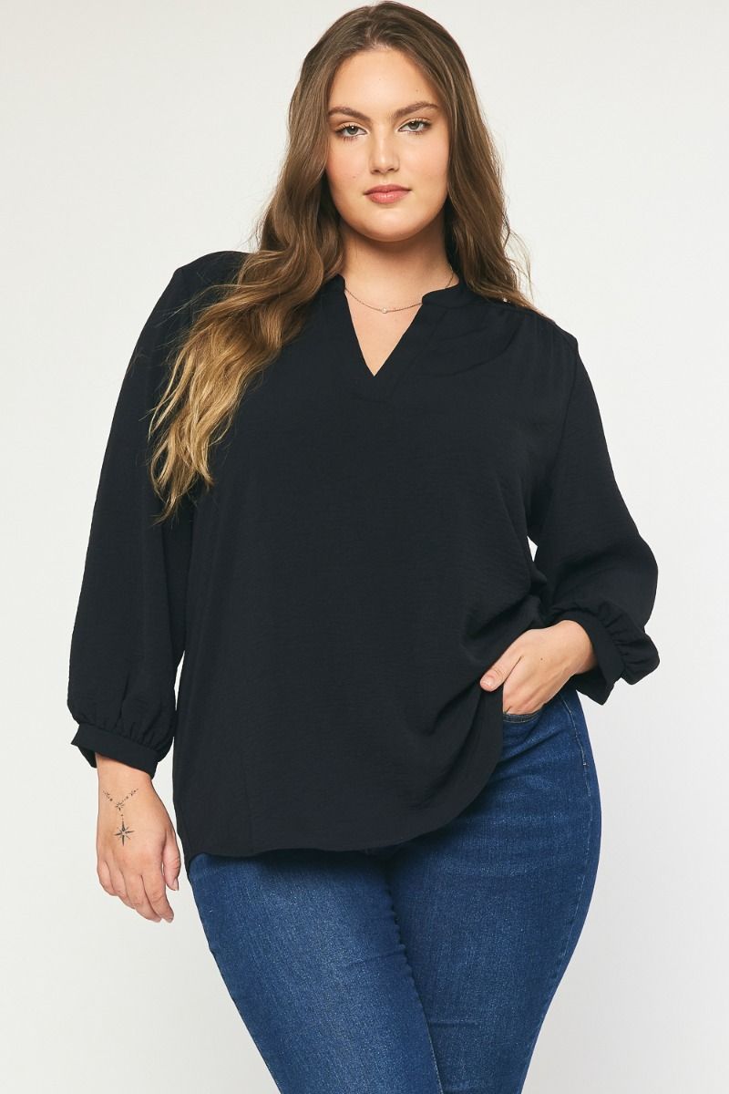 Solid 3/4 Slv V-neck Top