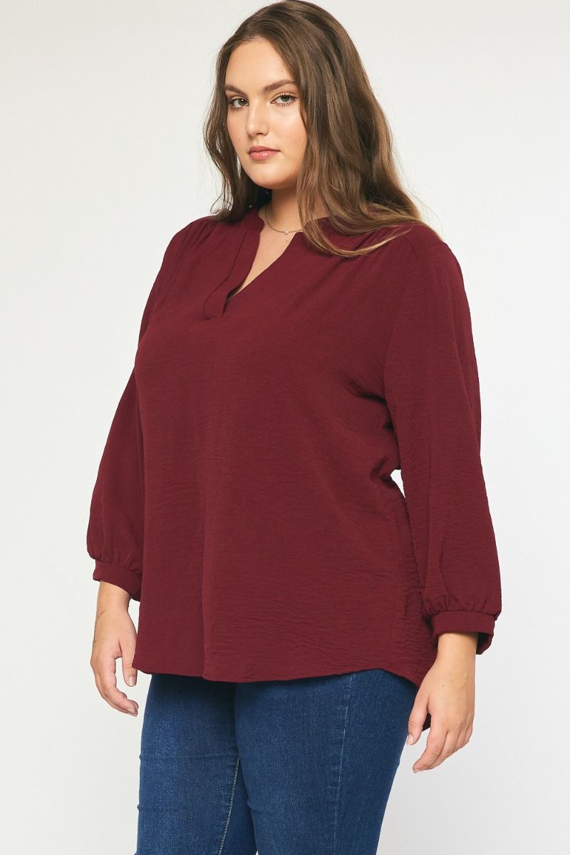 Solid 3/4 Slv V-neck Top