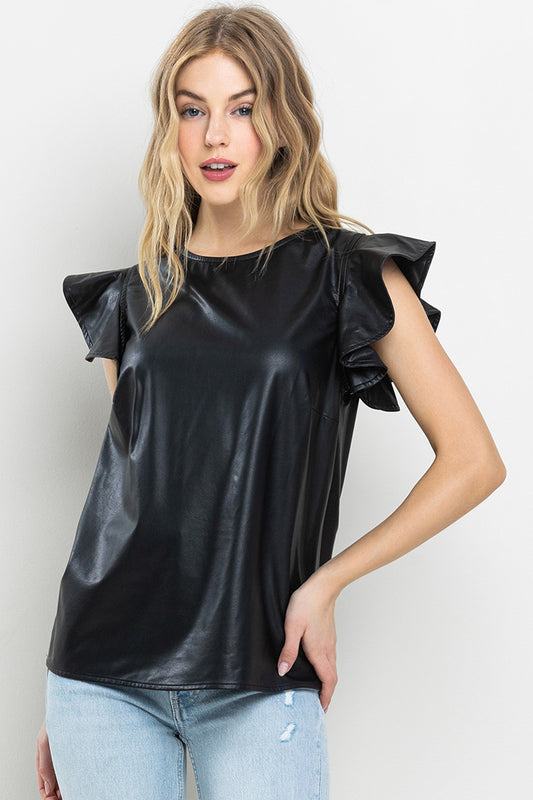 Vegan Leather Ruffle Sleeve Top