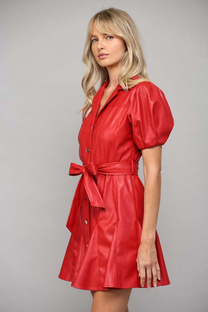 Faux Leather Tie Waist Puff Sleeve Dress