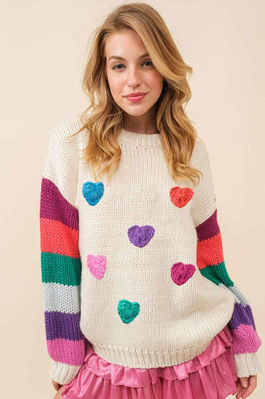 3D Heart Crochet Multi Stripe Sweater