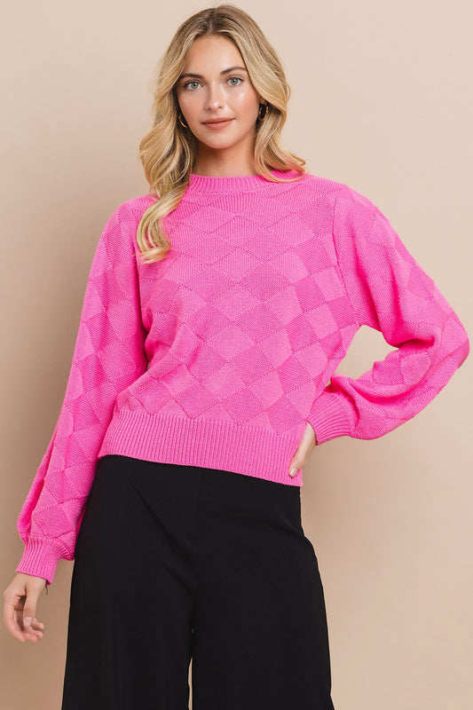 Diamond Textured Long Sleeve Knit Sweater