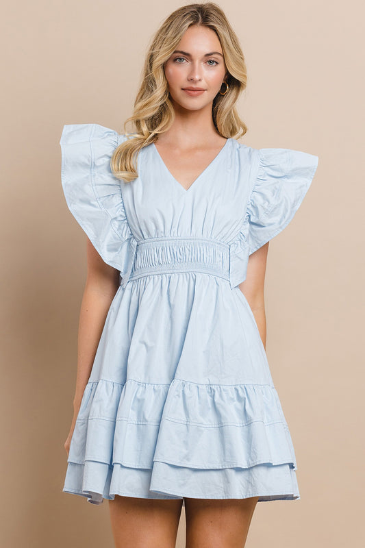 V-neck Poplin Ruffle Sleeve Dress
