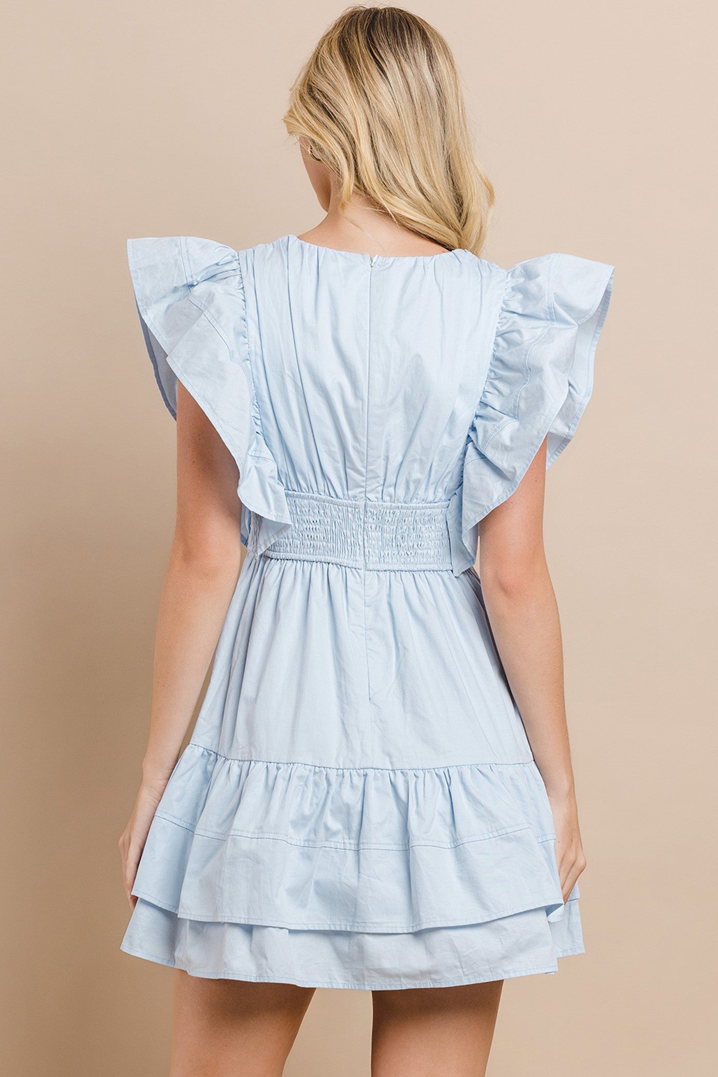 V-neck Poplin Ruffle Sleeve Dress