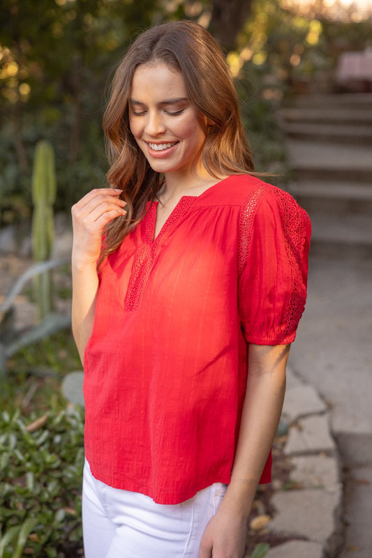 Red Lace Detailed V-neck SS Top