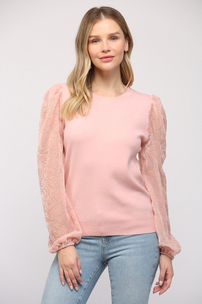 Contrast Burnout Velvet Sleeve Sweater