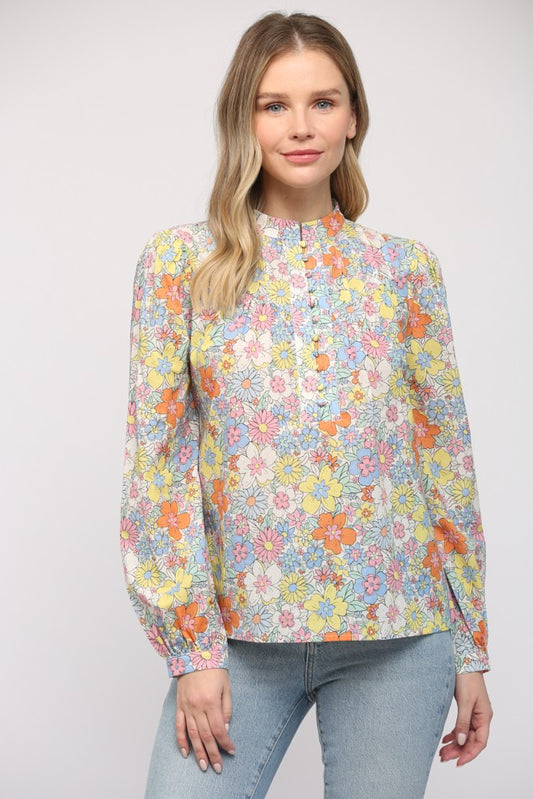 Pintuck Floral Cotton Shirt