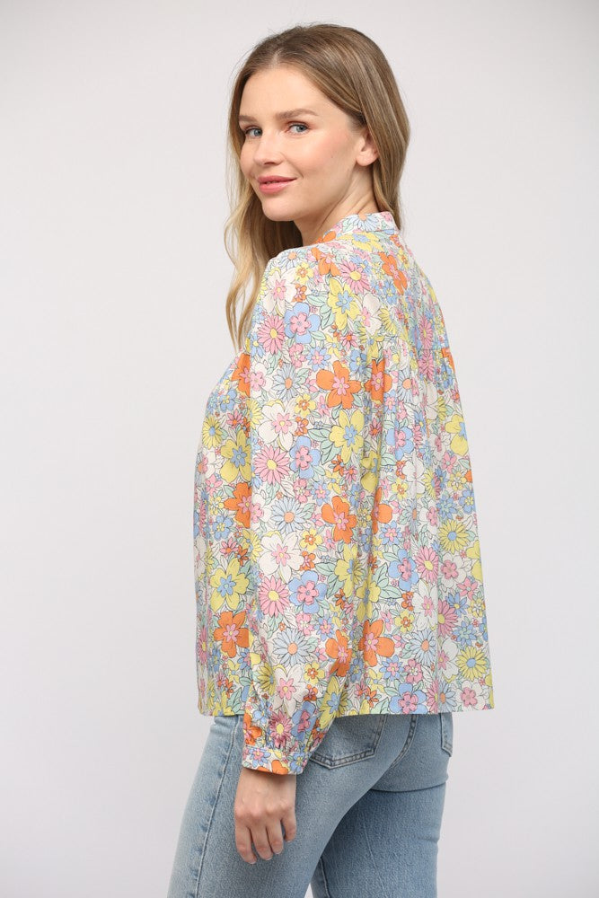 Pintuck Floral Cotton Shirt
