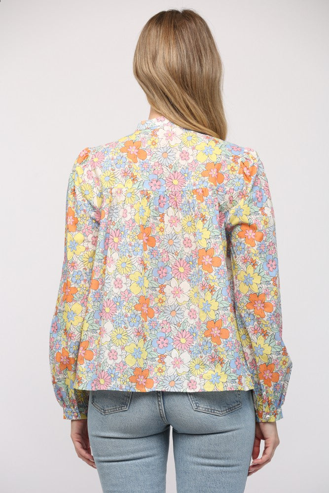 Pintuck Floral Cotton Shirt