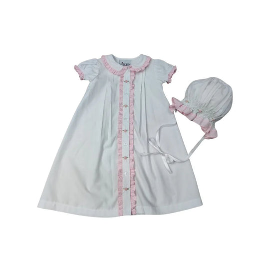 White Double Ruffle Gown and Bonnet