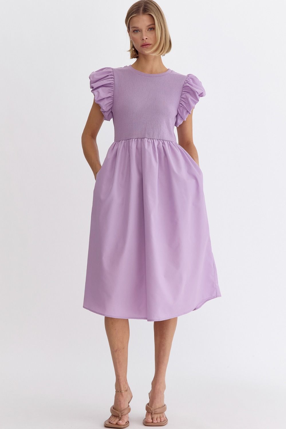 Mixed Knit Puff Sleeve Midi Dress