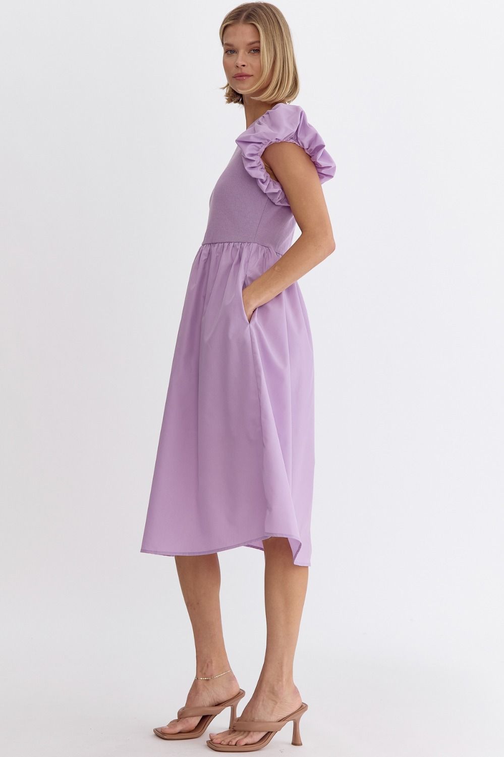 Mixed Knit Puff Sleeve Midi Dress