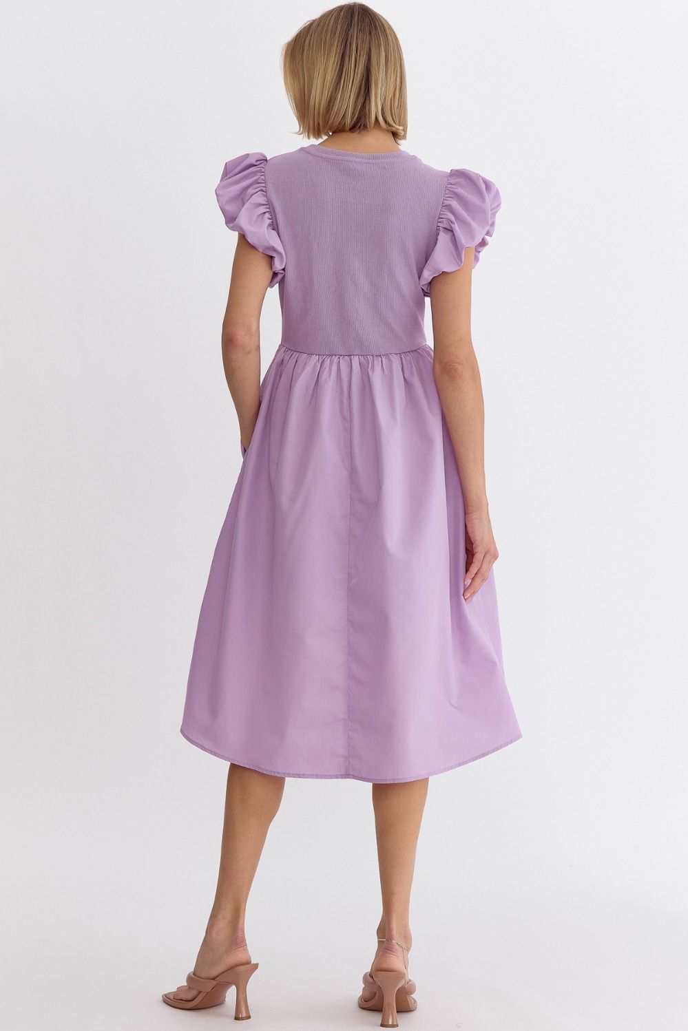 Mixed Knit Puff Sleeve Midi Dress