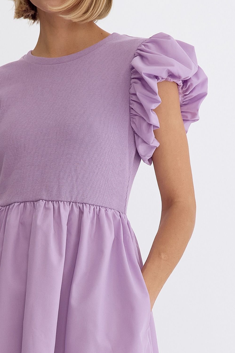 Mixed Knit Puff Sleeve Midi Dress