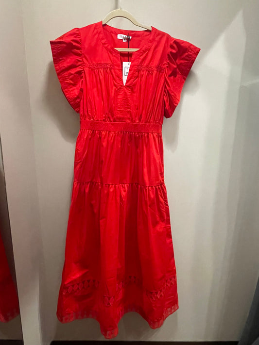 Red Ruffle Sleeve Tiered Midi Dress