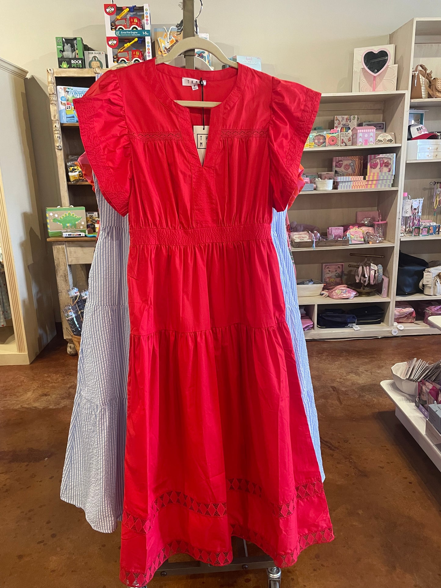 Red Ruffle Sleeve Tiered Midi Dress