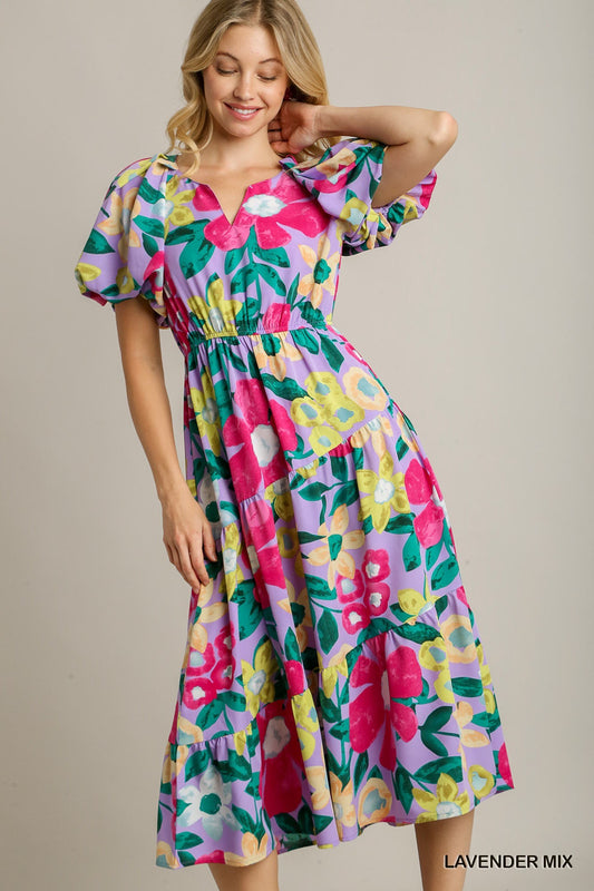 Floral Balloon Sleeve Midi Dress