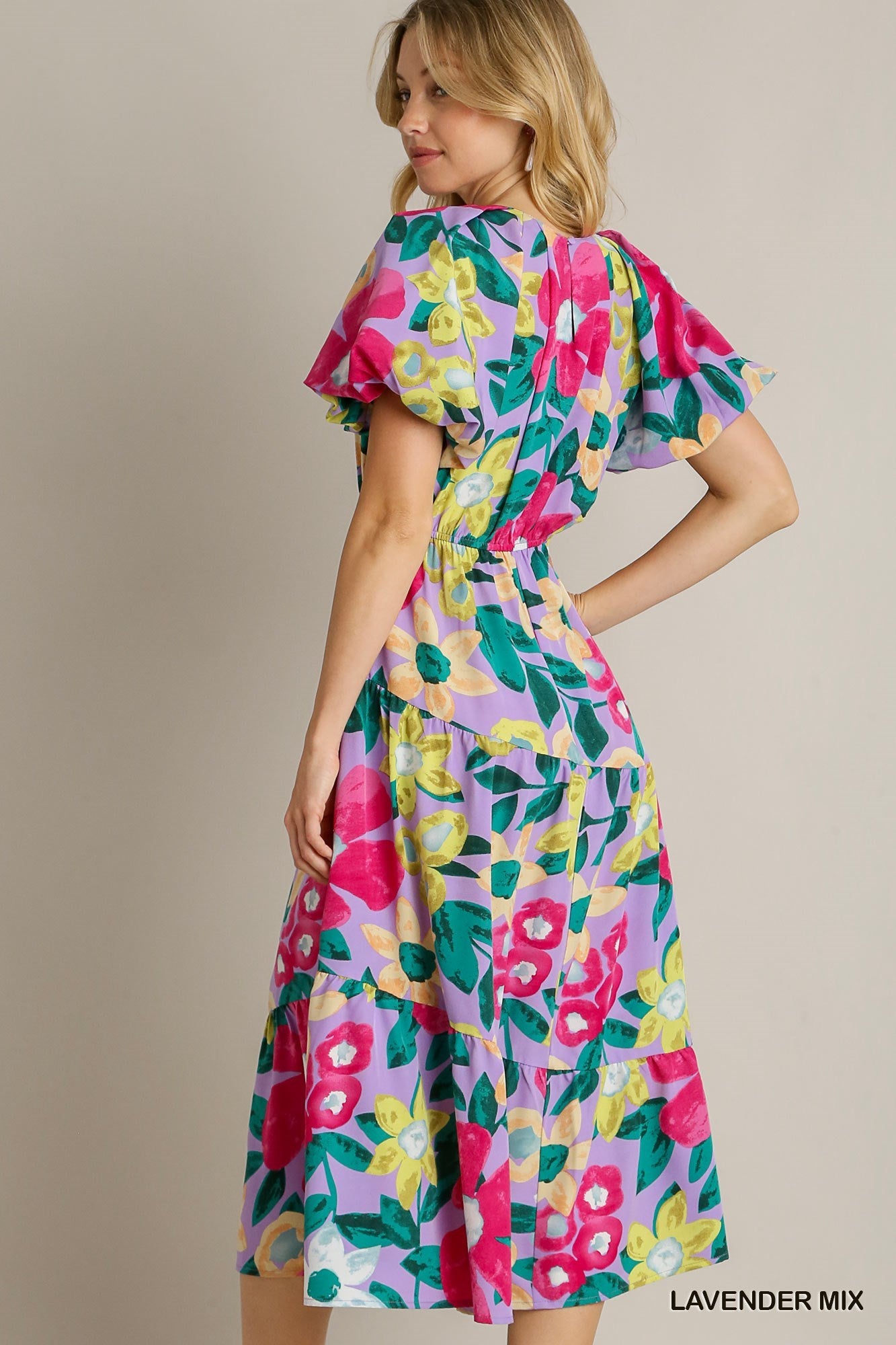 Floral Balloon Sleeve Midi Dress