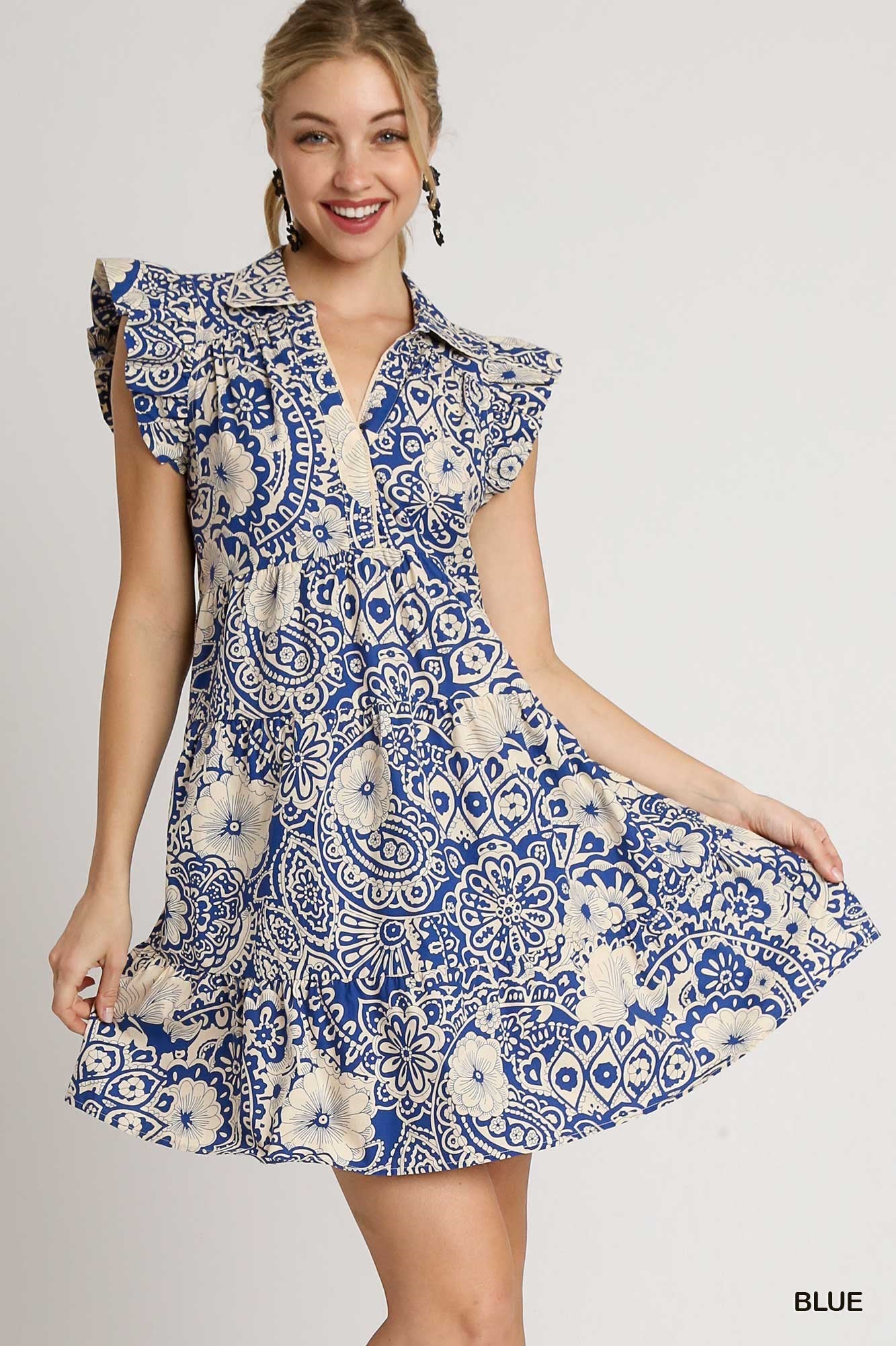 V-neck Babydoll Dress with Ruffle Sleeve