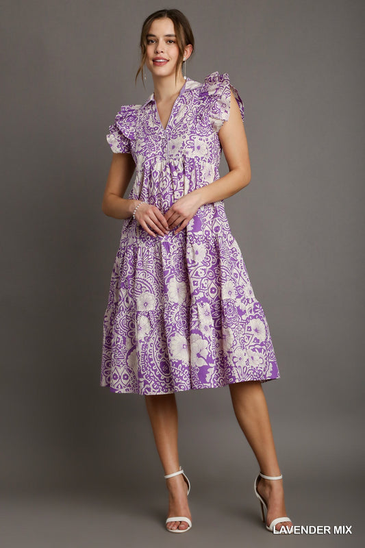 Paisley Collared Tiered Midi Dress