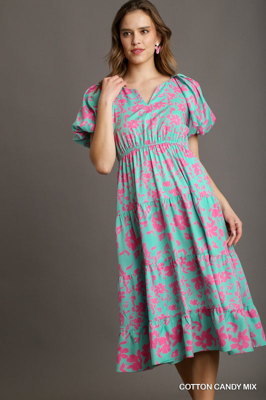 Floral Puff Sleeve Midi Dress