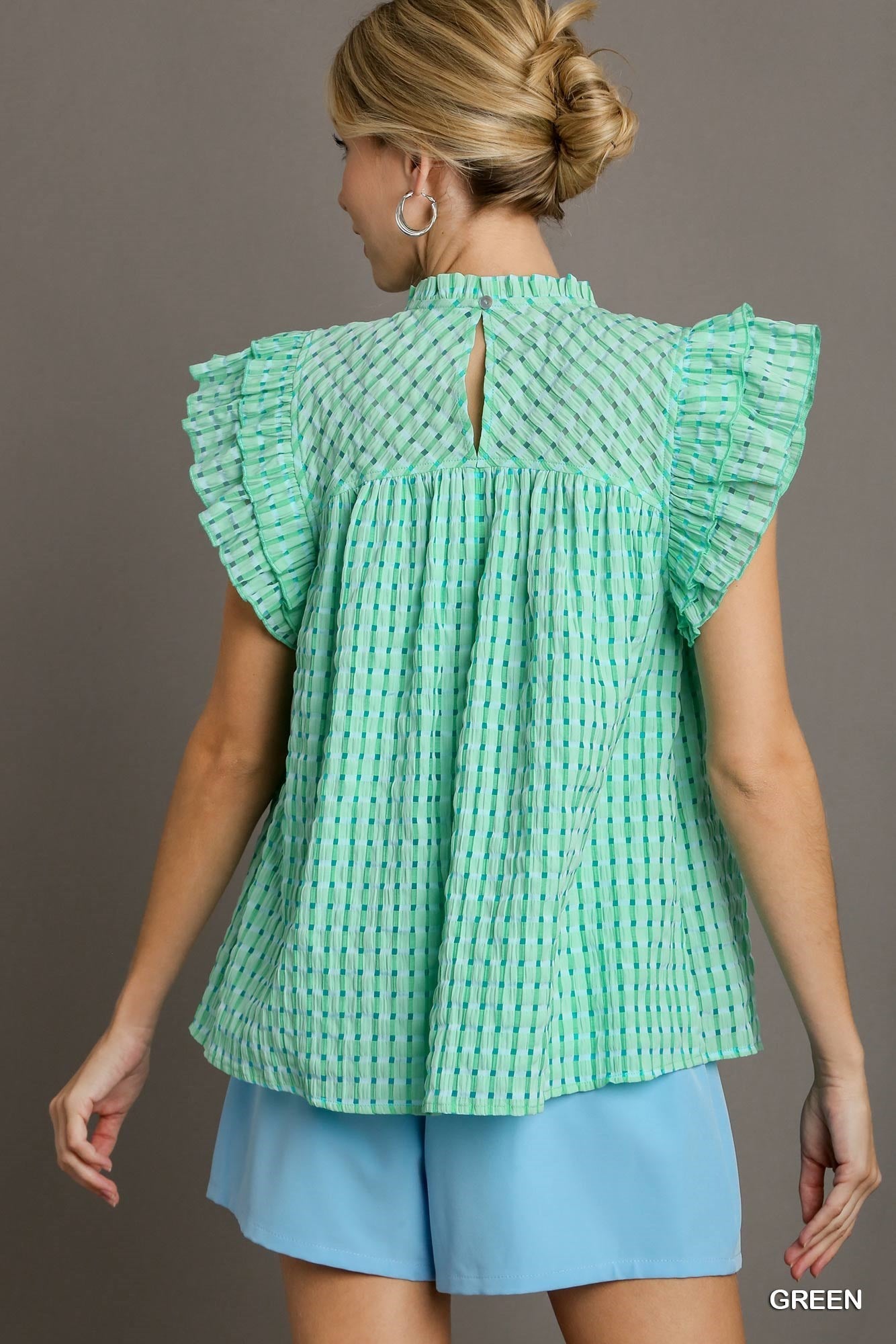 Seersucker Ruffle Neck Boxy Top