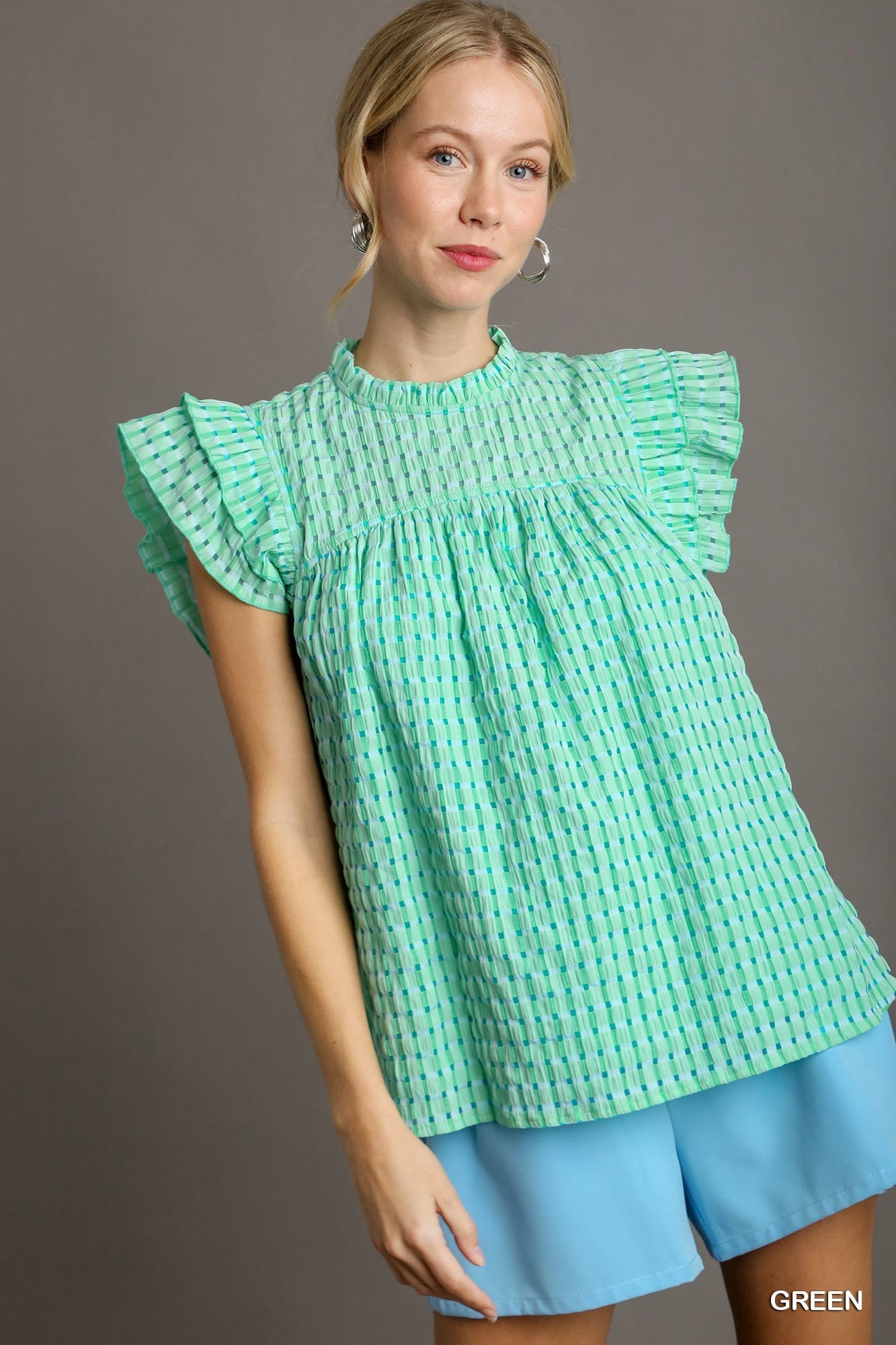 Seersucker Ruffle Neck Boxy Top